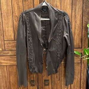 Muubaa Dark Brown Leather Jacket with Lace Detailing